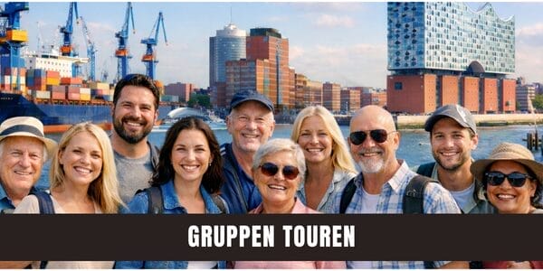 Freundliche Gruppe vor Hafenlandschaft