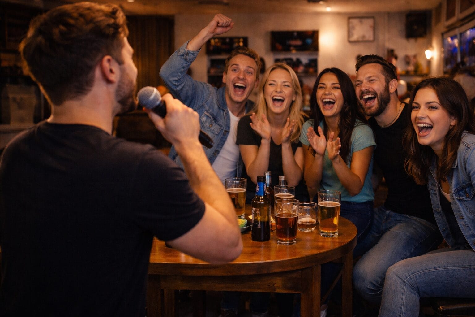 Sänger unterhält fröhliche Gruppe in einer Bar.